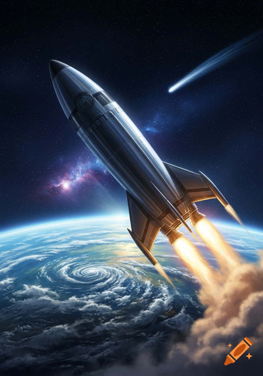 A stylized silver rocket with fiery thrusters launches from a swirling Earth into a starry space, passing a comet and nebula.