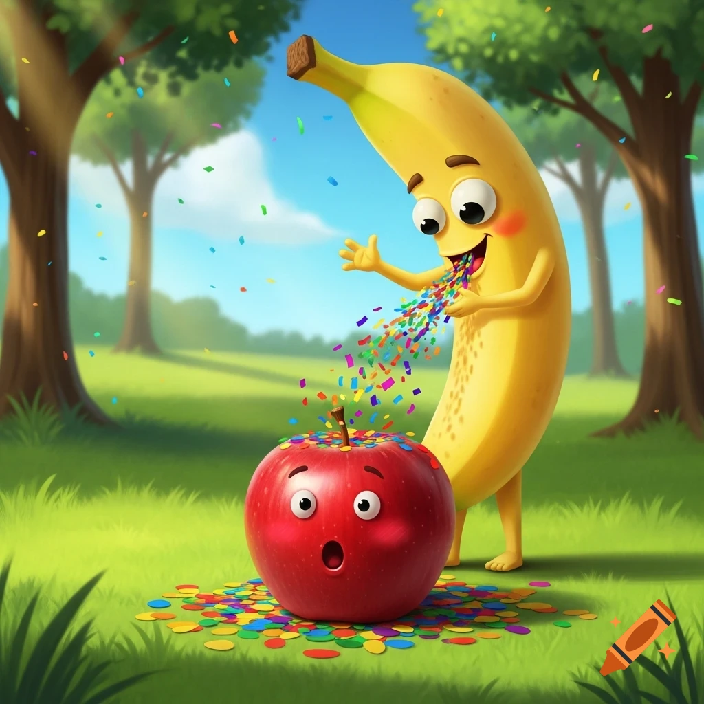 A smiling cartoon banana showers colorful confetti onto a surprised red apple in a sunny, grassy park.