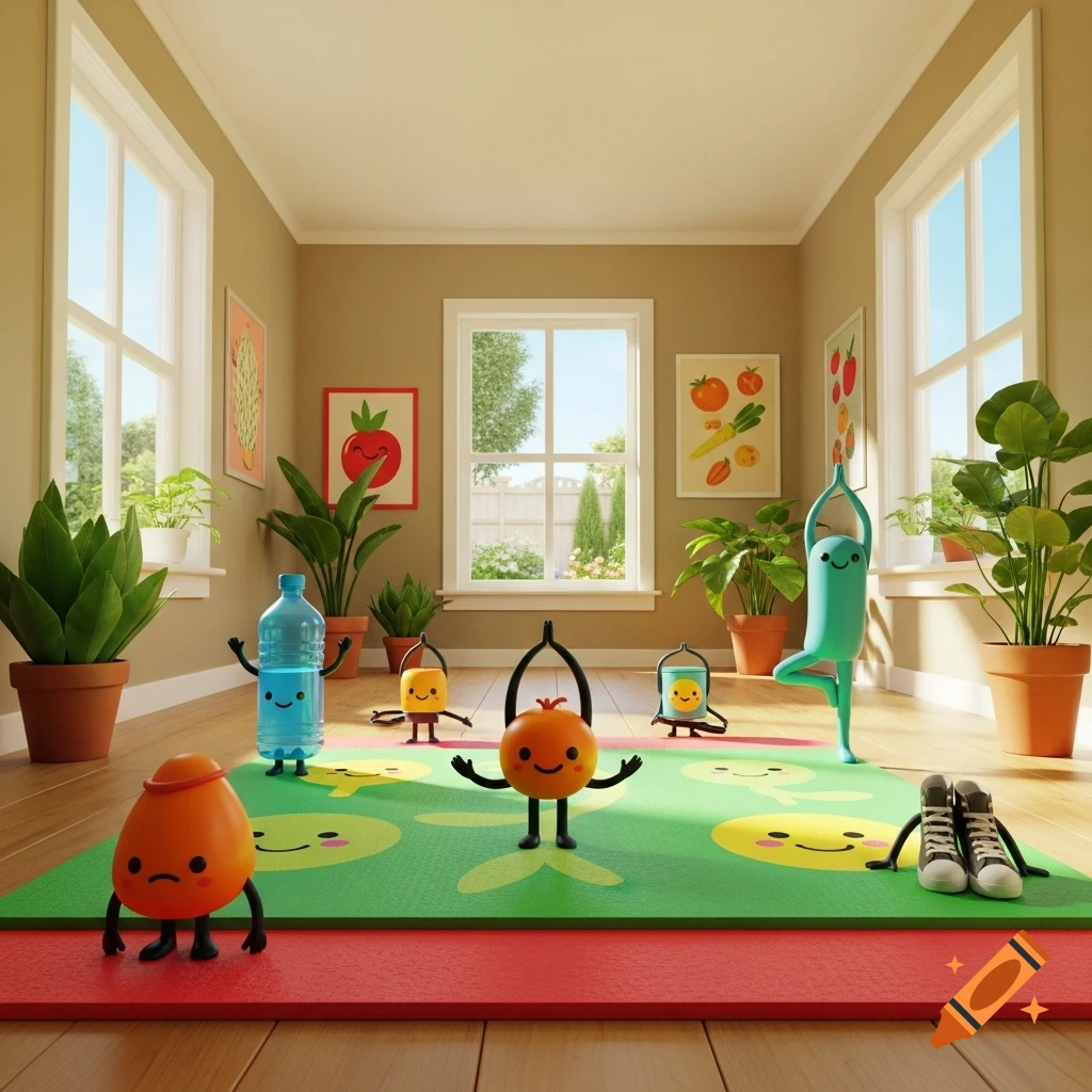 Animated fruit and water bottle characters practice yoga on a green mat in a bright, sunny room with plants.