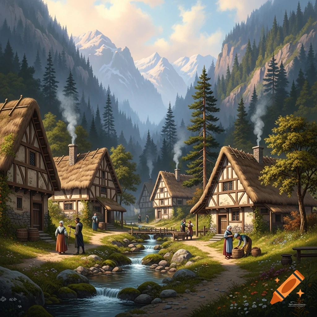A picturesque medieval village with thatched-roof houses and people by a stream, surrounded by forested mountains, digital painting.