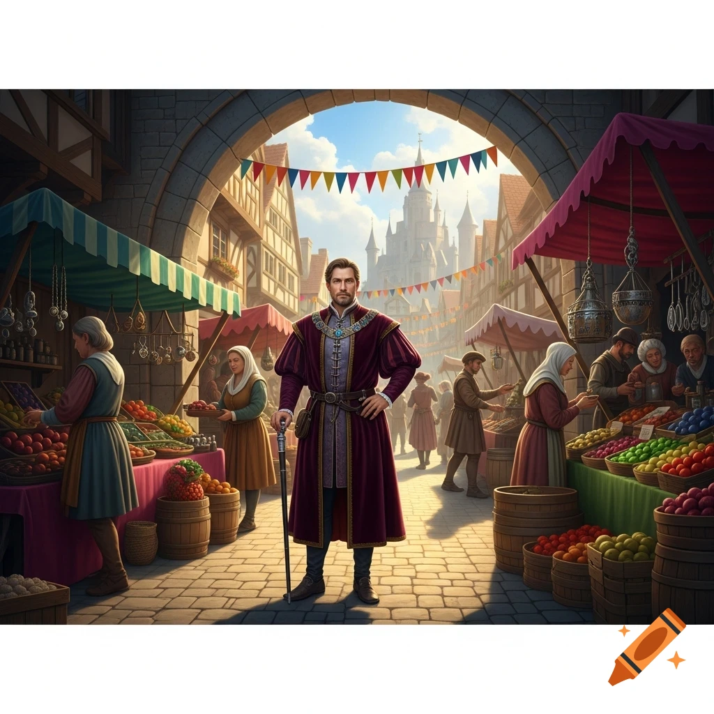 A man in regal medieval attire stands in a bustling marketplace with fruit stalls, vendors, and a castle in the background.