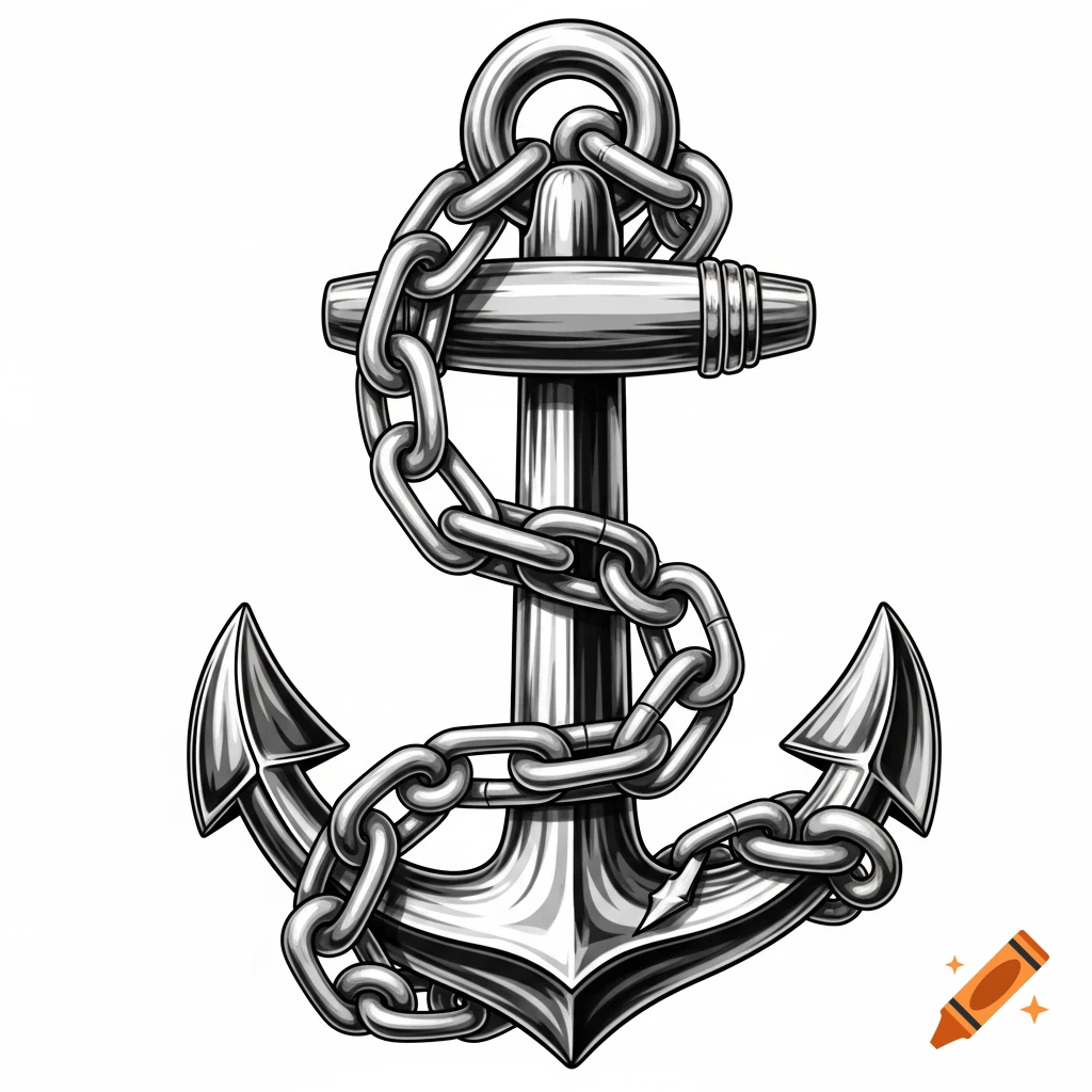 A black and white stylized anchor with a chain wrapped around it, featuring chrome-like shading on a white background.