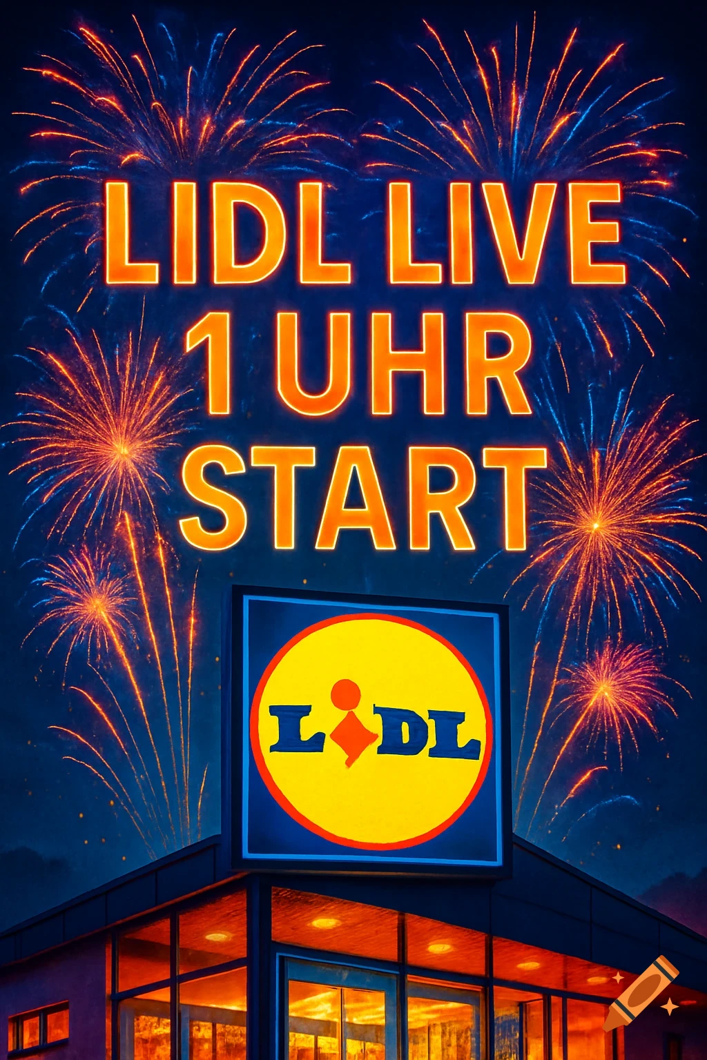 A Lidl store at night with bright orange and blue fireworks exploding in the dark sky above, and the text 'LIDL LIVE 1 UHR START' in glowing orange letters.
