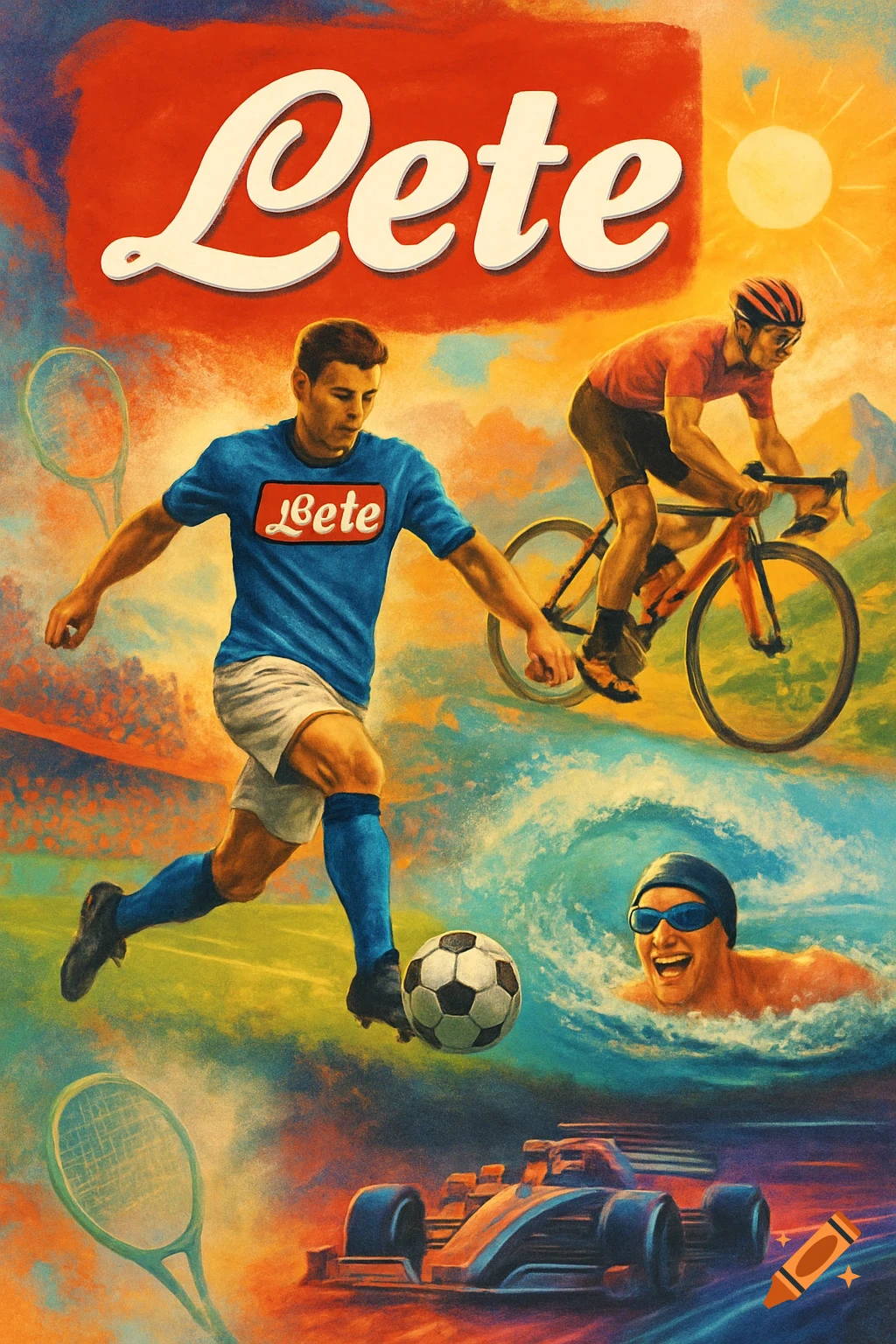 Vibrant retro poster showing various sports: a soccer player kicking a ball, a cyclist, a swimmer, and an F1 car, all under a "Lete" brand logo.