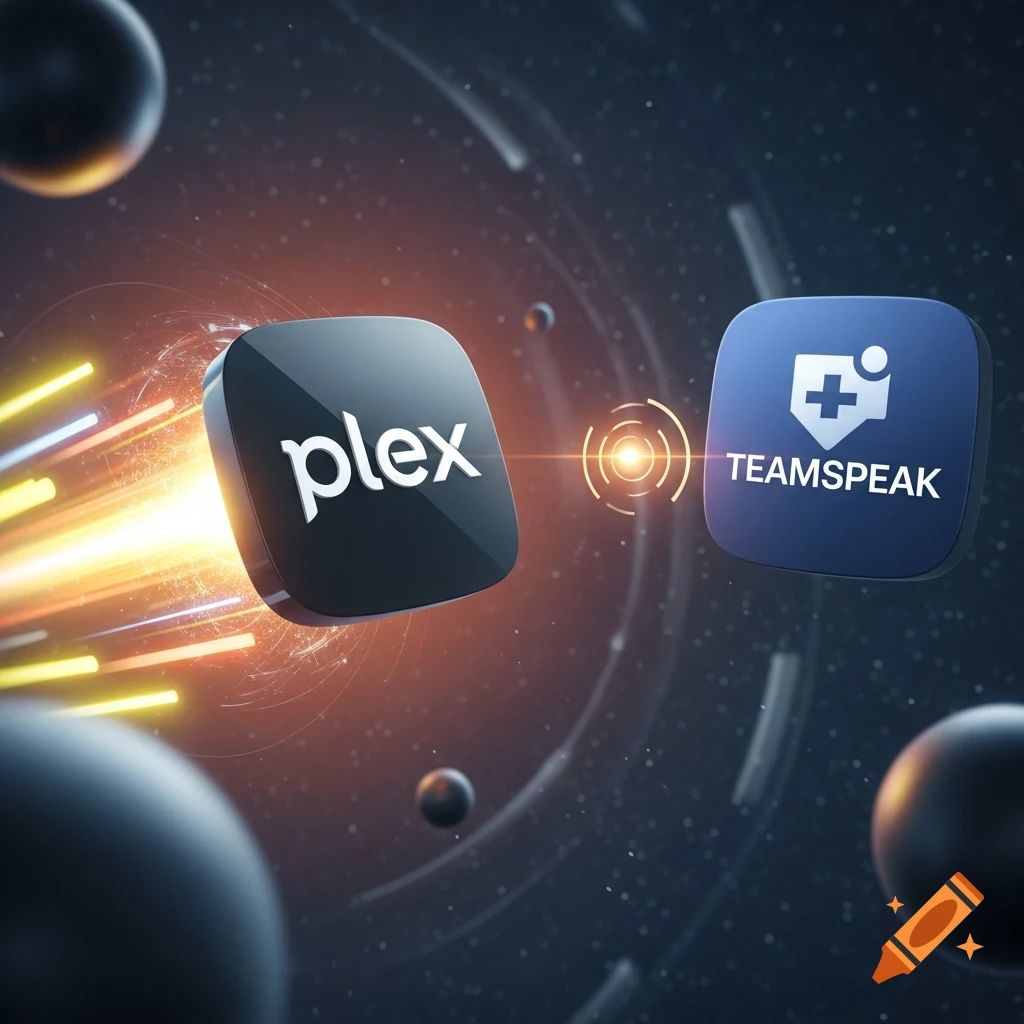 Plex and TeamSpeak application icons glowing in a cosmic space with light beams connecting them, surrounded by planets and stars.