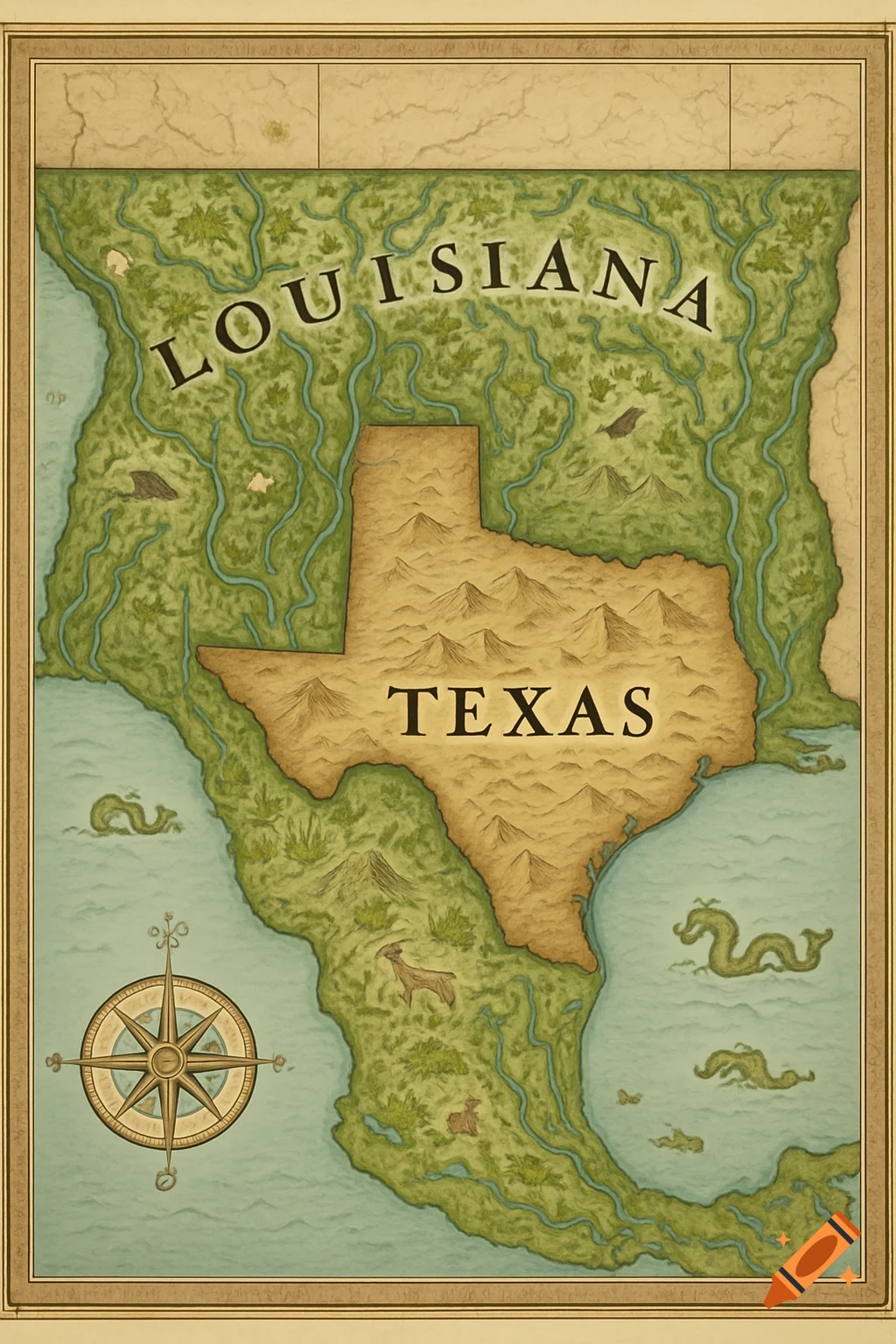 A stylized map showing Texas as a landlocked state, surrounded by Louisiana, with sea monsters and a compass rose.