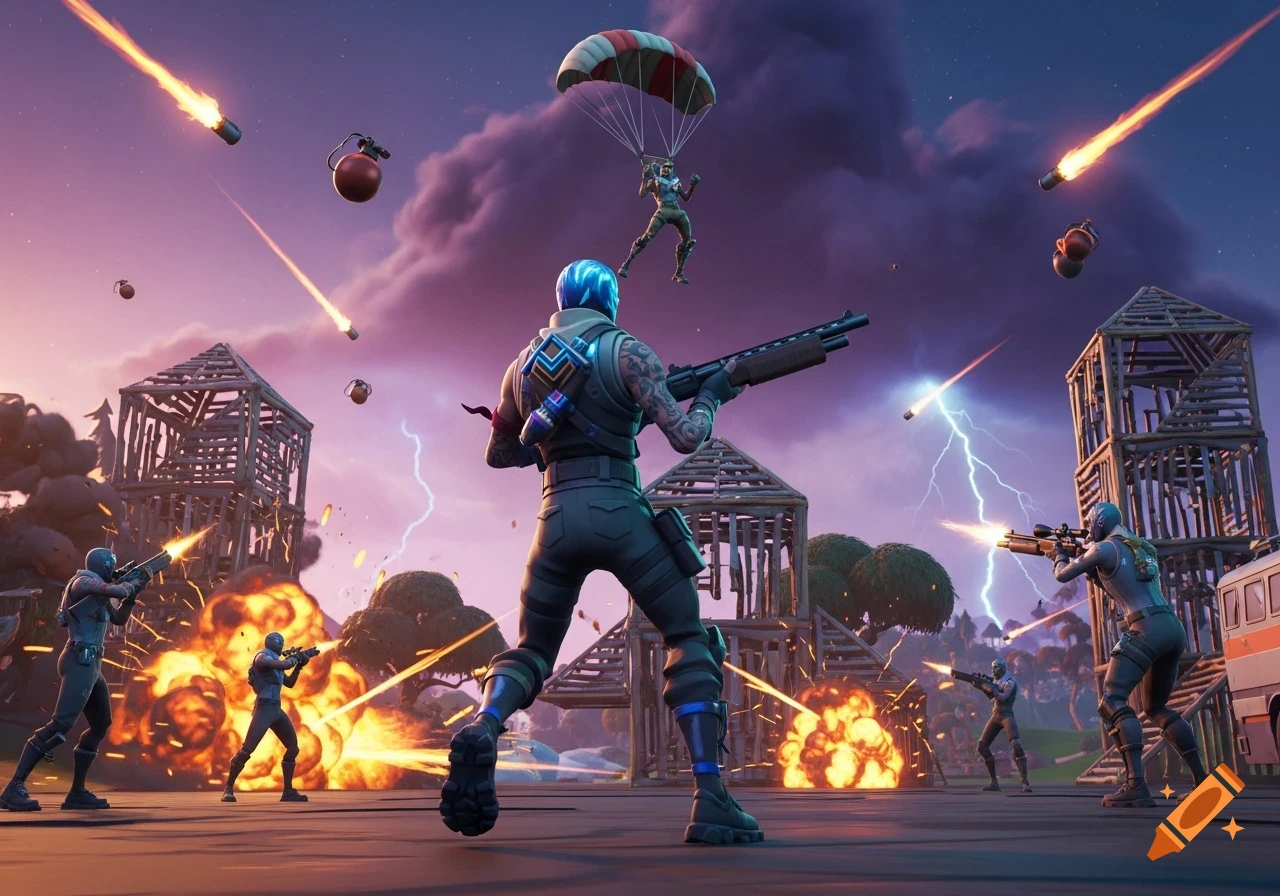Fortnite characters engage in a stylized battle with explosions and gunfire under a dramatic sky with lightning.