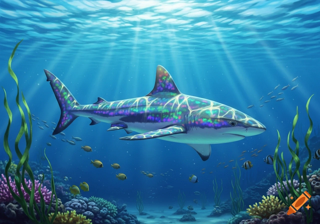 A vibrant, iridescent shark with colorful patterns swims over a coral reef in a sunlit underwater scene with small fish.