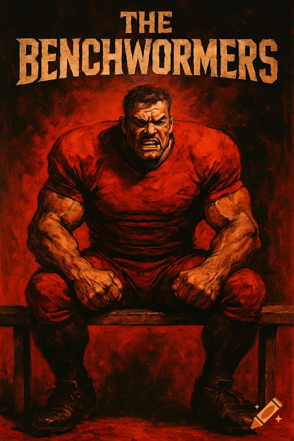 An angry, muscular man in a red outfit sits on a bench, fists clenched, under the title "THE BENCHWORMERS" in a bold, intense art style.