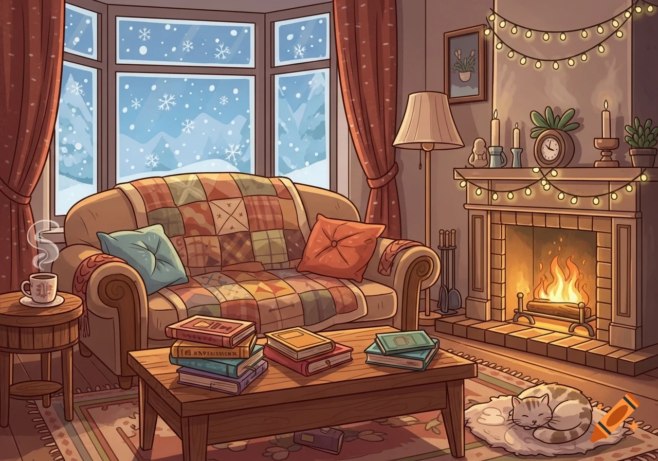 A cartoon illustration of a cozy winter living room with a fireplace, sofa, books on a coffee table, and a sleeping cat.