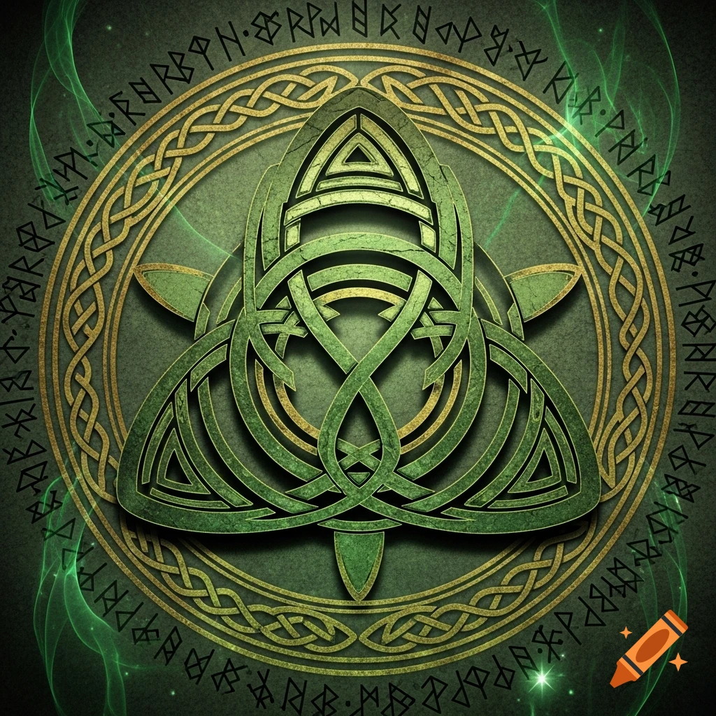 A vibrant green Celtic trinity knot in a golden braided circle, surrounded by dark runes on a textured green background.