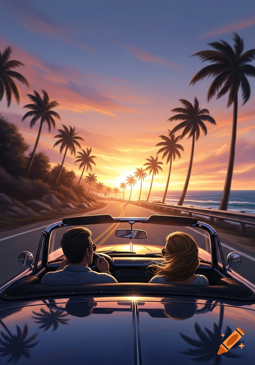 Stylized illustration of a couple driving a convertible down a coastal road lined with palm trees at a vibrant sunset.
