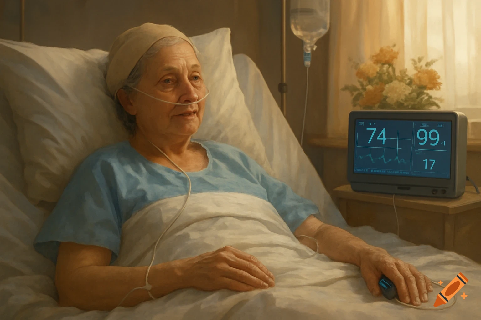 An elderly female patient in a hospital bed with an oxygen tube, IV, and pulse oximeter. A monitor shows vital signs.
