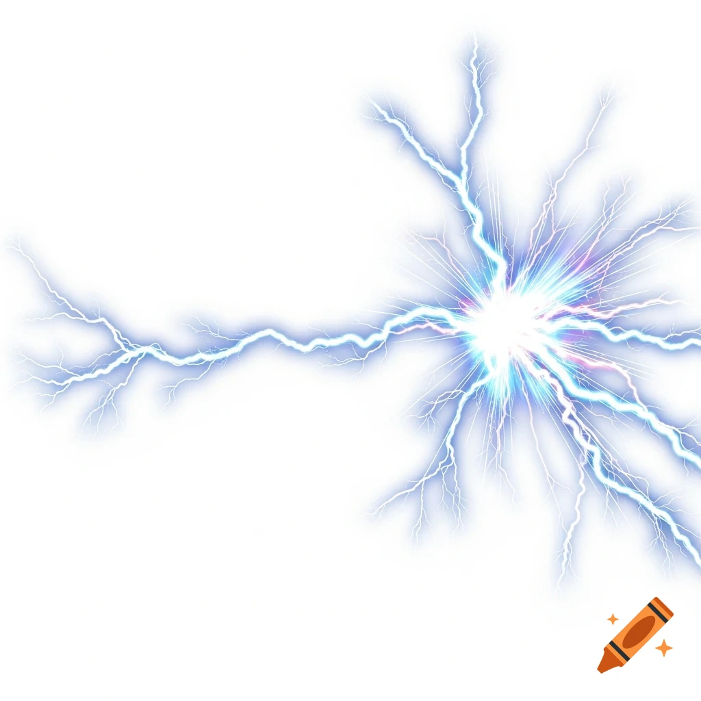 A vibrant electric spark with branching lightning bolts glows with blue and white energy against a pure white background.