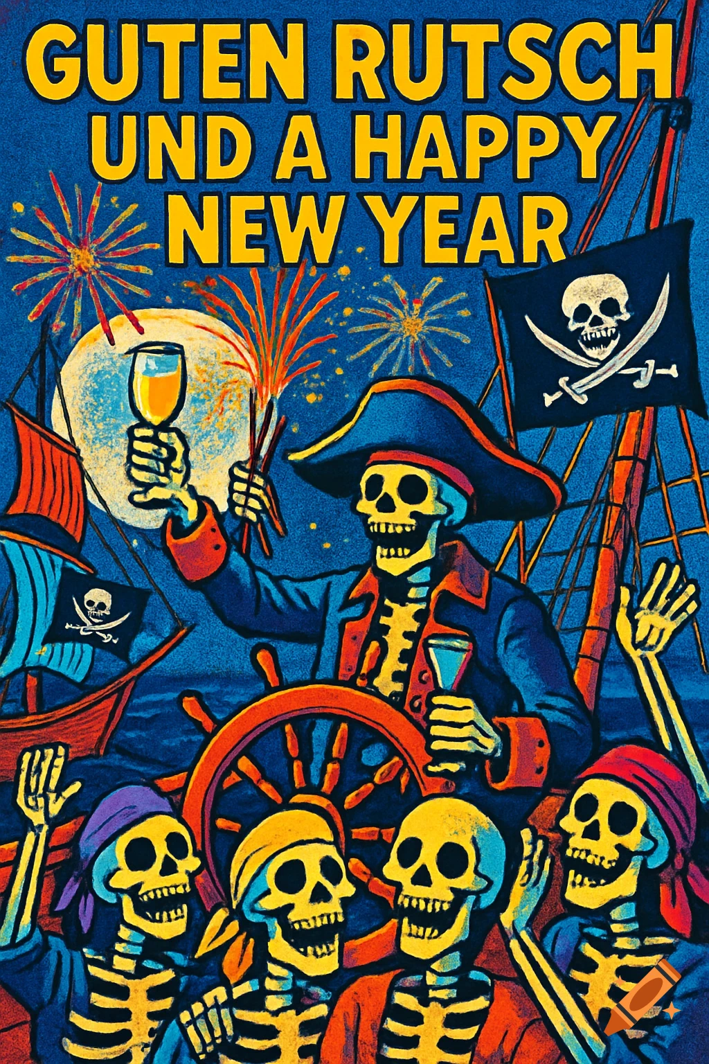 Pop art image of skeleton pirates on a ship celebrating New Year with fireworks and 'Guten Rutsch und a Happy New Year' text.