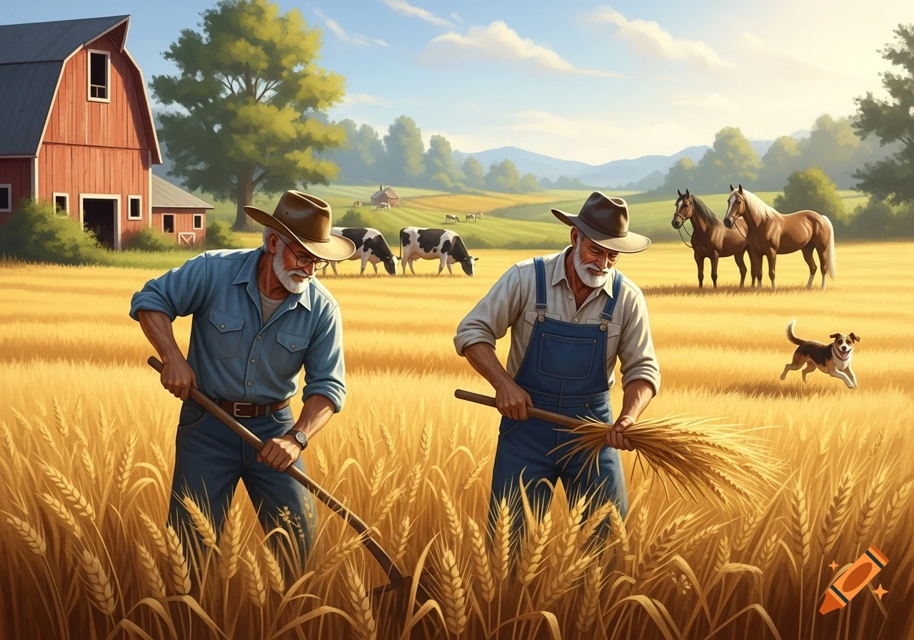 Two elderly farmers work in a golden wheat field on a sunny day, with a red barn, cows, horses, and a dog in a rural landscape.
