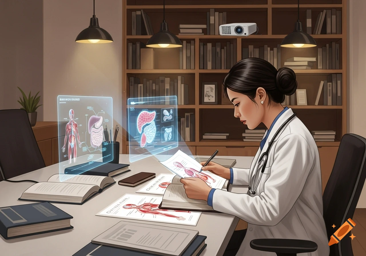 A female doctor in a white coat sits at a desk, studying medical diagrams on holographic screens and papers in a well-lit office.