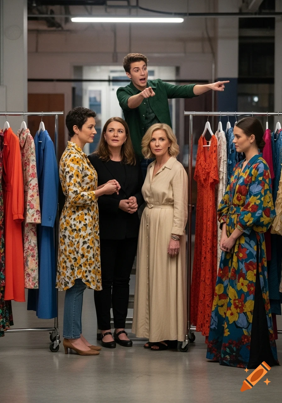 A man dramatically points while three women watch near clothing racks in a fashion studio, photorealistic style.