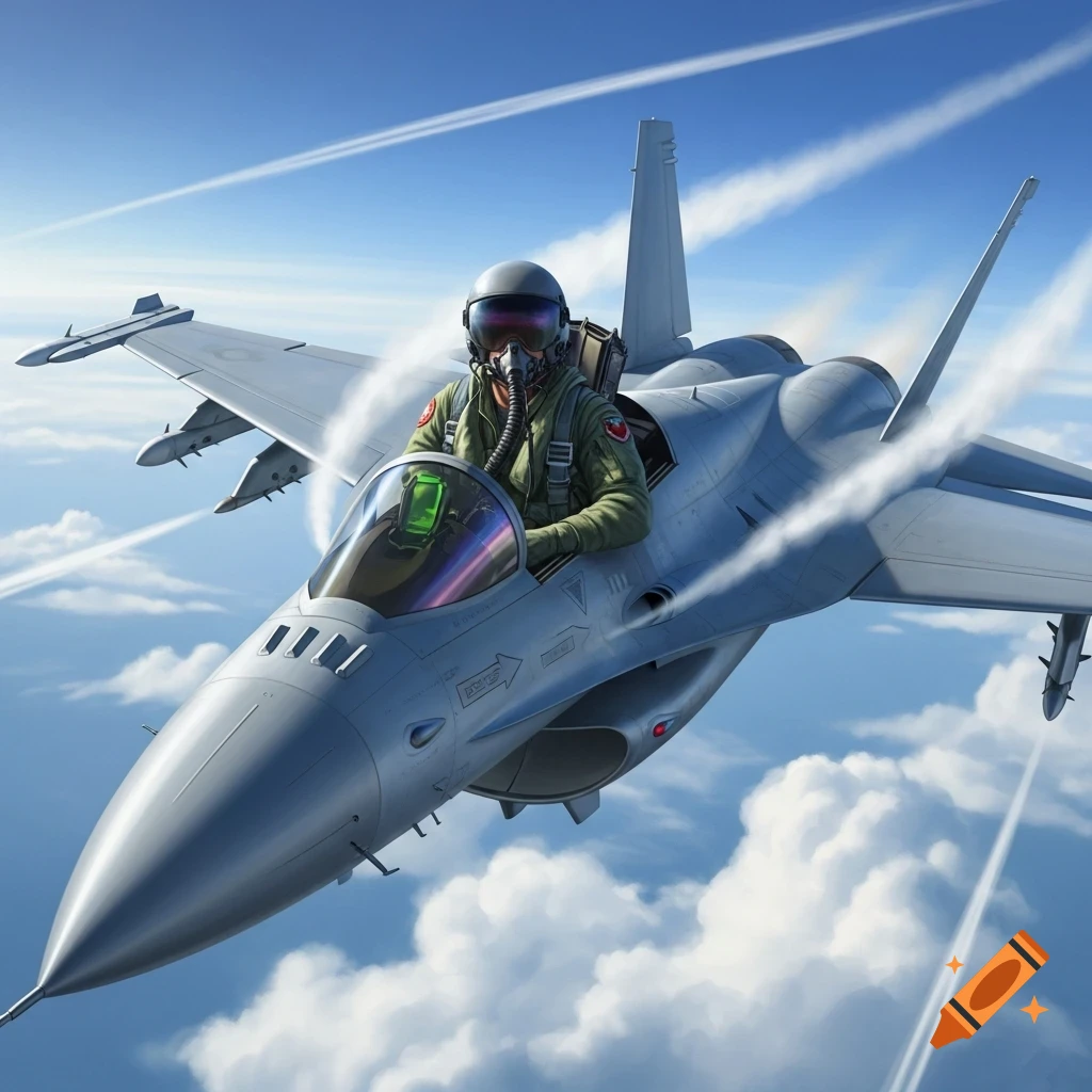 A pilot in a fighter jet flies through a bright blue sky with wispy clouds and contrails.