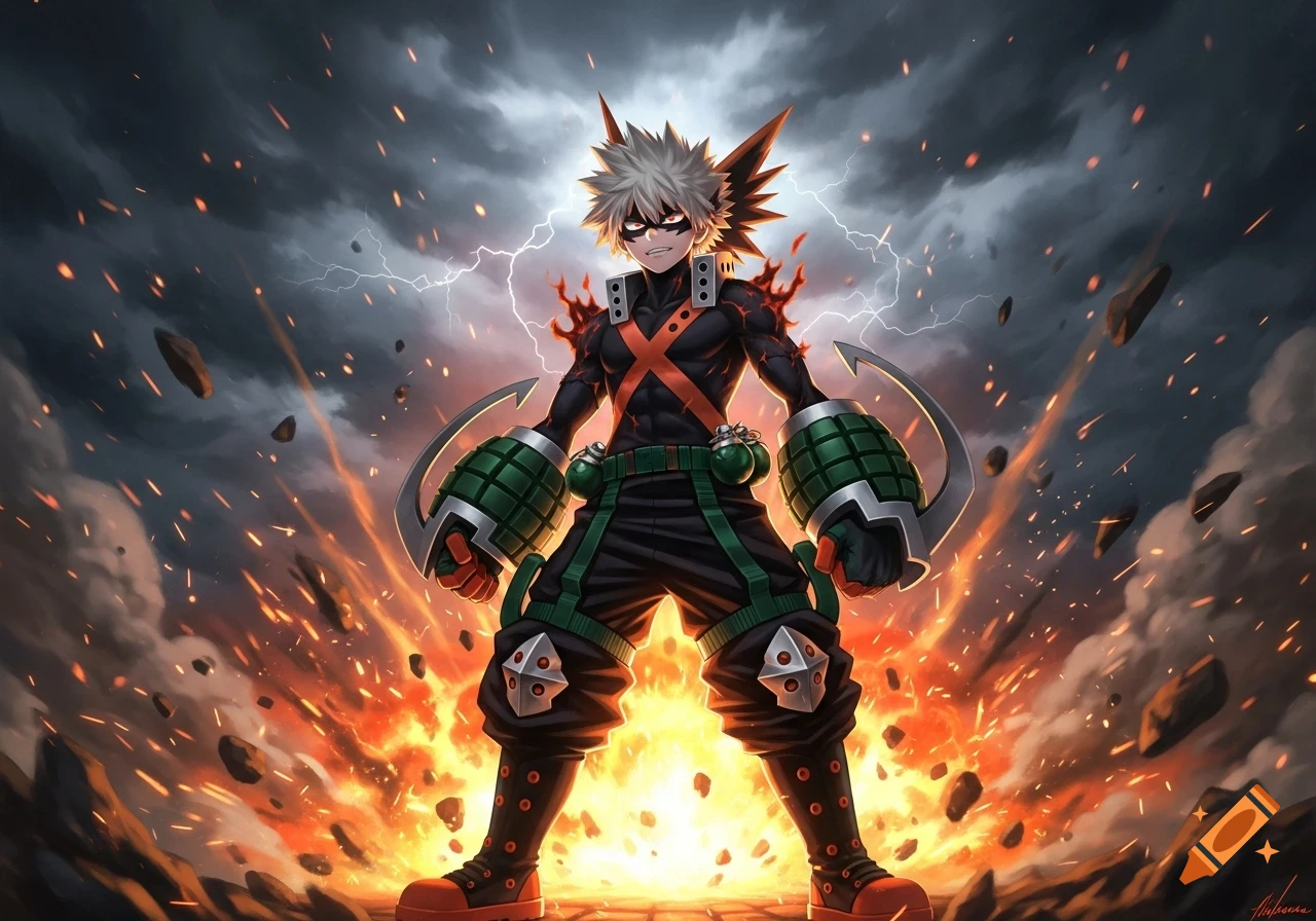 Anime illustration of Bakugo from My Hero Academia, standing powerfully amidst explosions, fire, and lightning under a stormy sky.