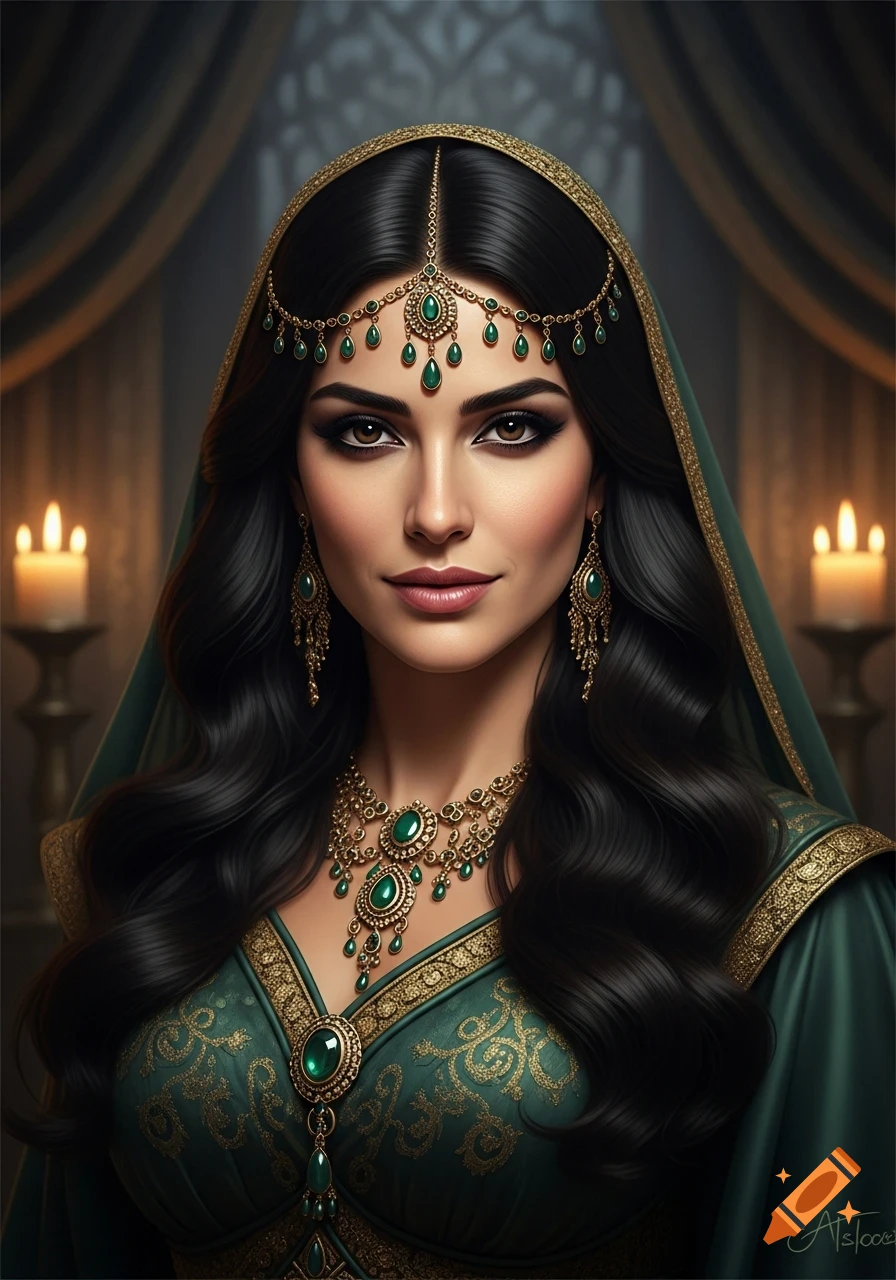 Photorealistic portrait of an elegant Arabic woman with dark hair, a green veil, and ornate gold and emerald jewelry.