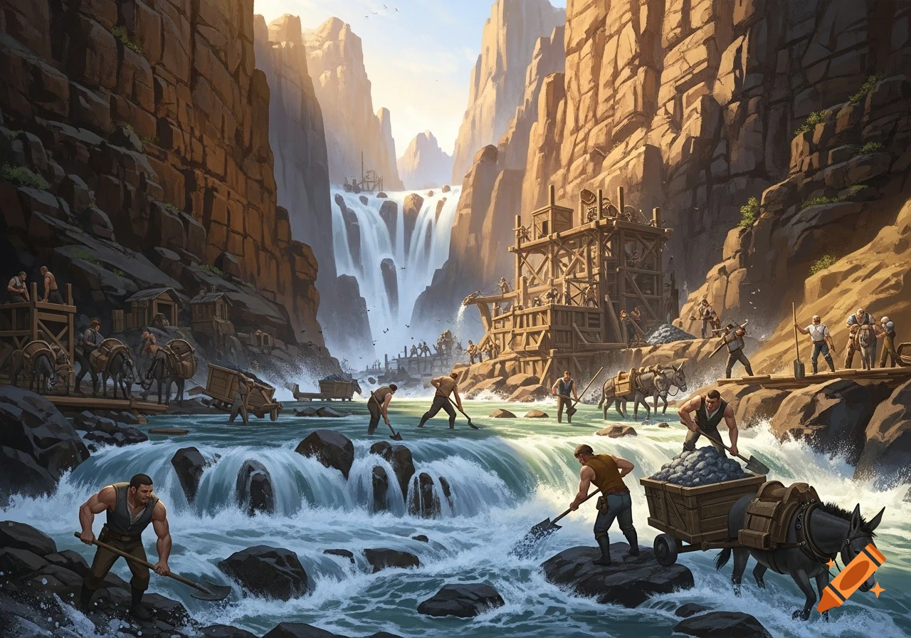 Men and burros mine in a narrow canyon with a large waterfall and rapids, surrounded by wooden structures under a golden sky.