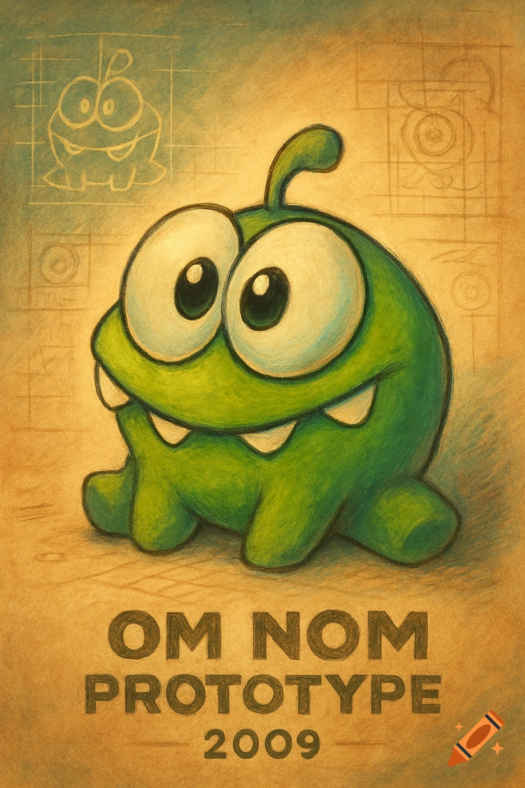 A green cartoon creature with large eyes and small fangs, Om Nom, sitting above the text 'OM NOM PROTOTYPE 2009' on a vintage-style sketch background.
