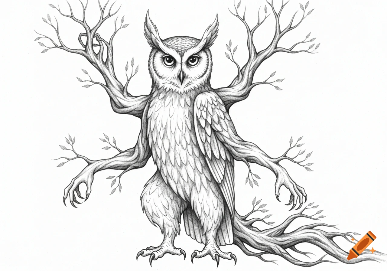A pencil drawing of a mythical owl-like creature with tree branch arms and hands on a white background.