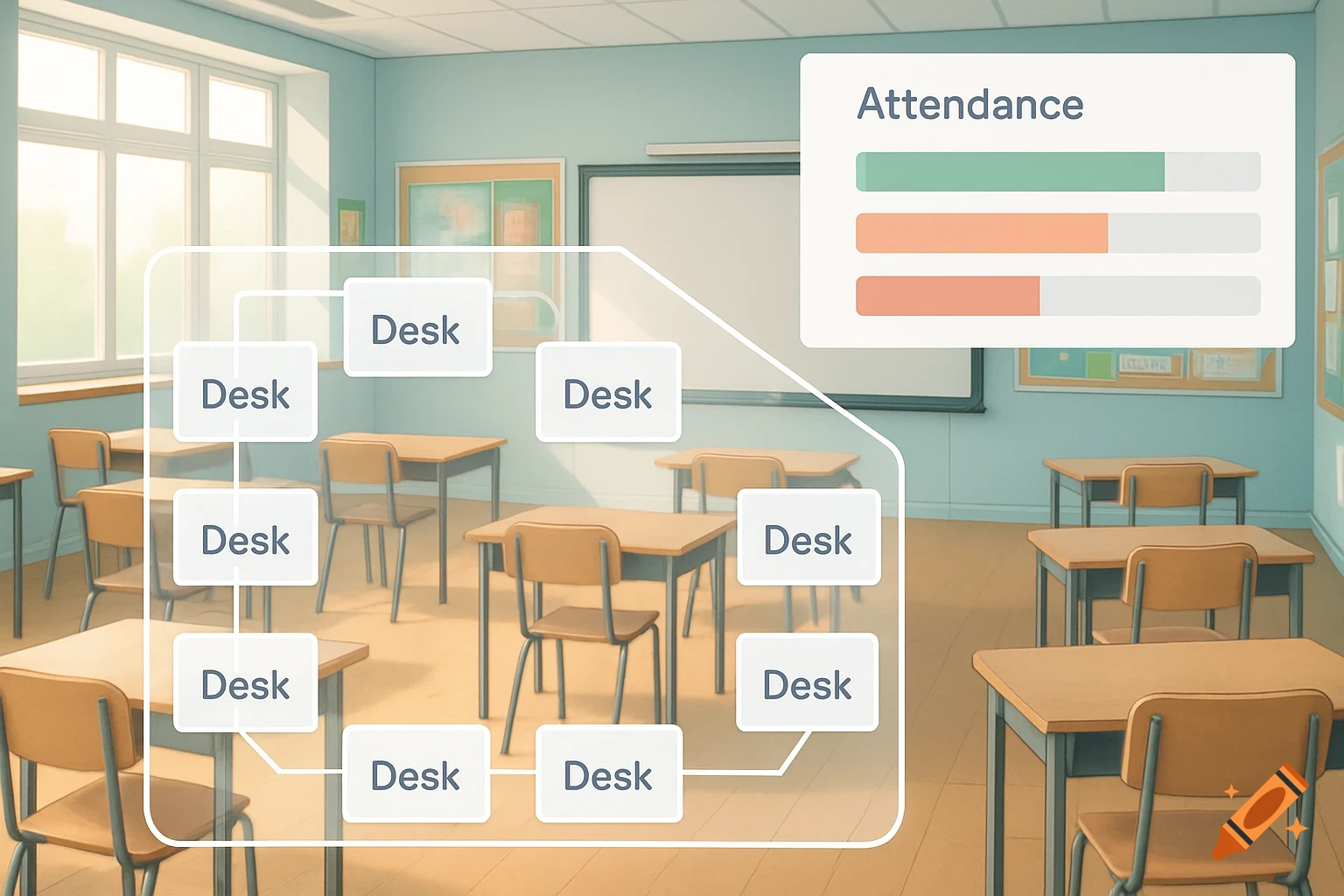An illustrated classroom with a seating arrangement diagram showing labeled 'Desk' rectangles and an 'Attendance' chart with progress bars.