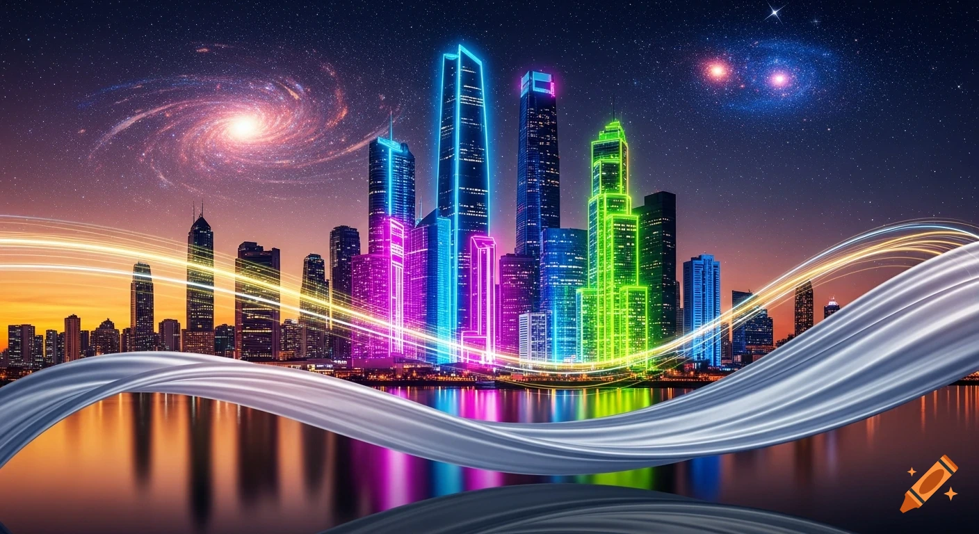 Futuristic cityscape at night with neon-lit skyscrapers, light trails, galaxies, and reflections in the water.