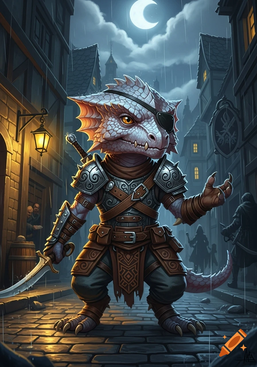 An armored, white-scaled kobold rogue with an eye-patch and swords stands on a rainy cobblestone street under a crescent moon.