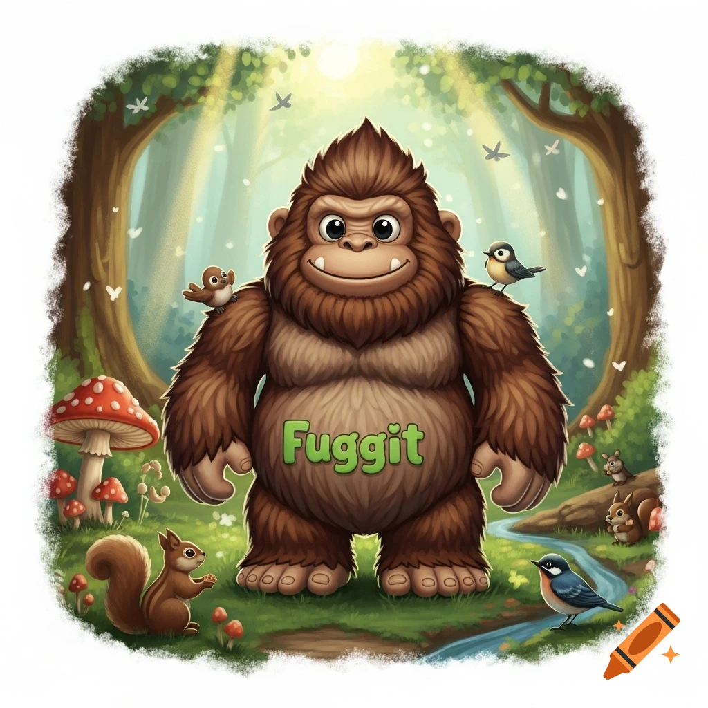 A friendly cartoon Bigfoot with 'Fuggit' on its belly stands in a ...