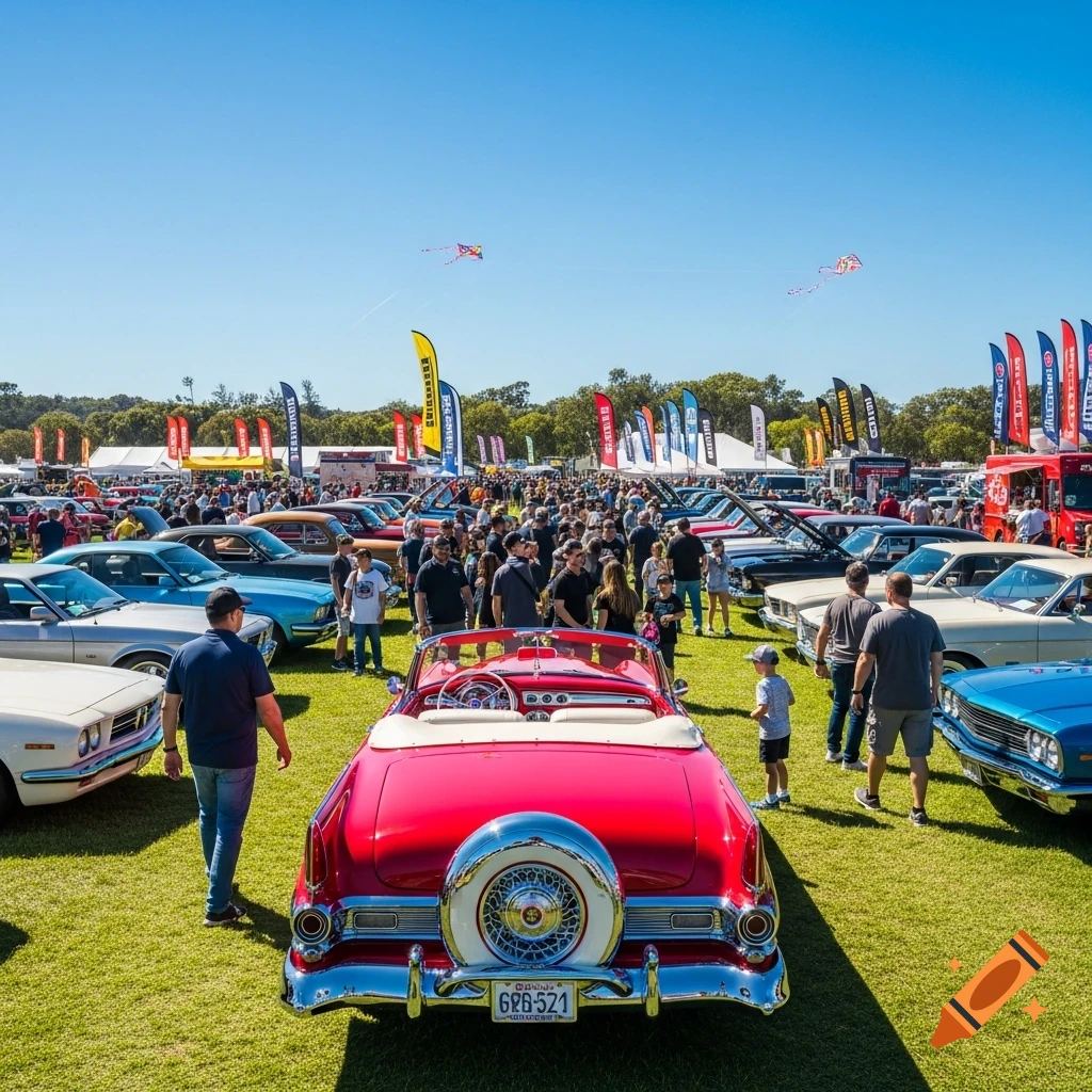 A vibrant outdoor car festival with many classic cars, including a red convertible in the foreground, and a large crowd under a clear blue sky.