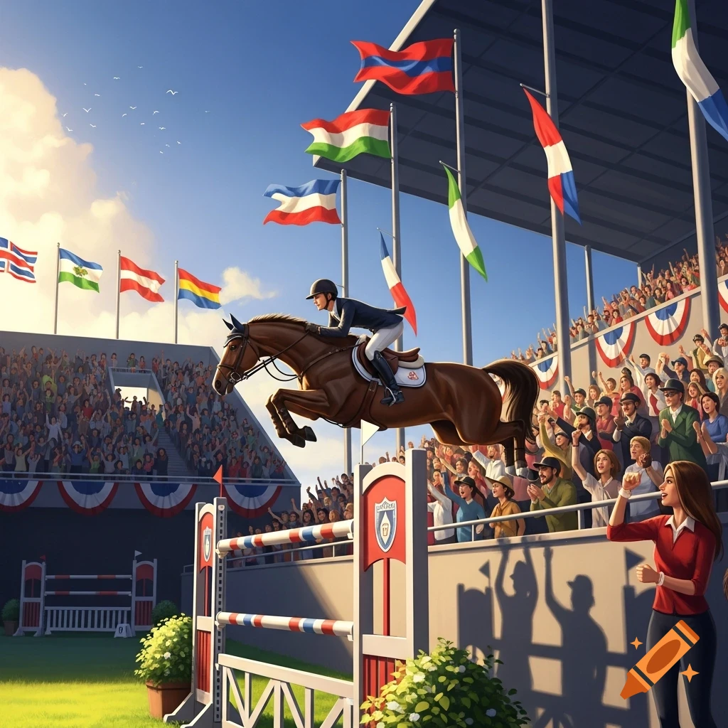 A horse and rider jump over an obstacle at a show jumping event, surrounded by cheering fans and national flags.