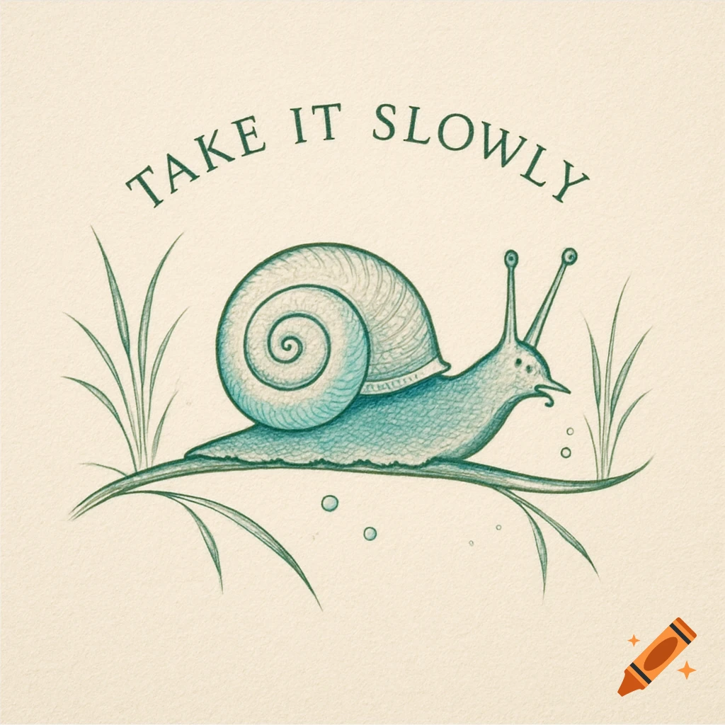 A teal snail illustration crawling on a leaf, with the arched text "TAKE IT SLOWLY" above it on a cream background.