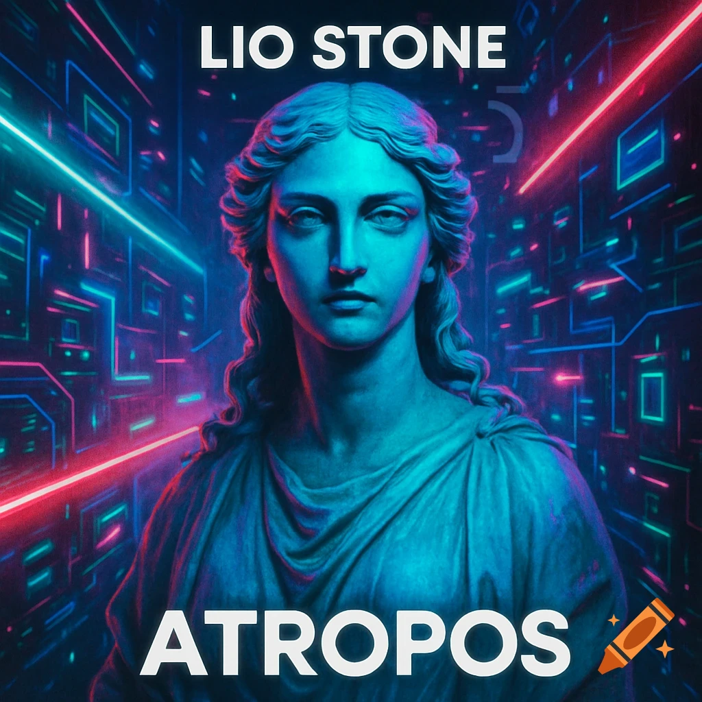 A statue of a goddess with long hair in a futuristic, neon-lit cyberpunk setting with the text 'LIO STONE' and 'ATROPOS'.