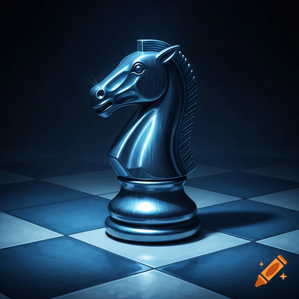 A blue metallic chess knight stands on a blue and white checkered chessboard with a dark background.