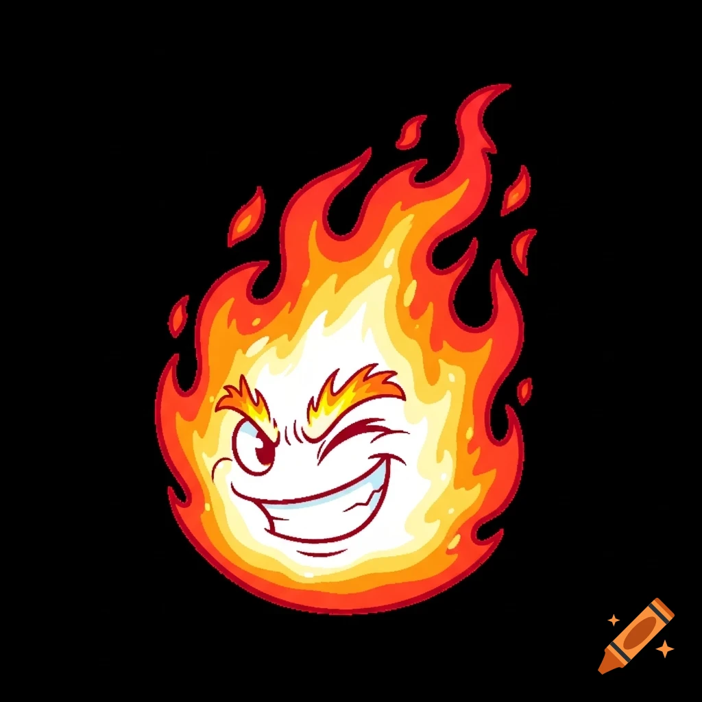 A cartoon fire ball with a mischievous winking and smiling face on a black background.