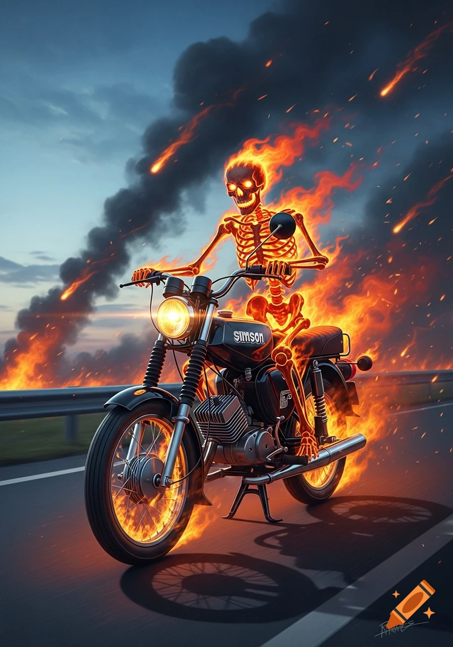 A fiery skeleton rides a black Simson motorcycle down a road, leaving a trail of smoke and fire, under a dramatic sky with falling meteors. Illustrated.