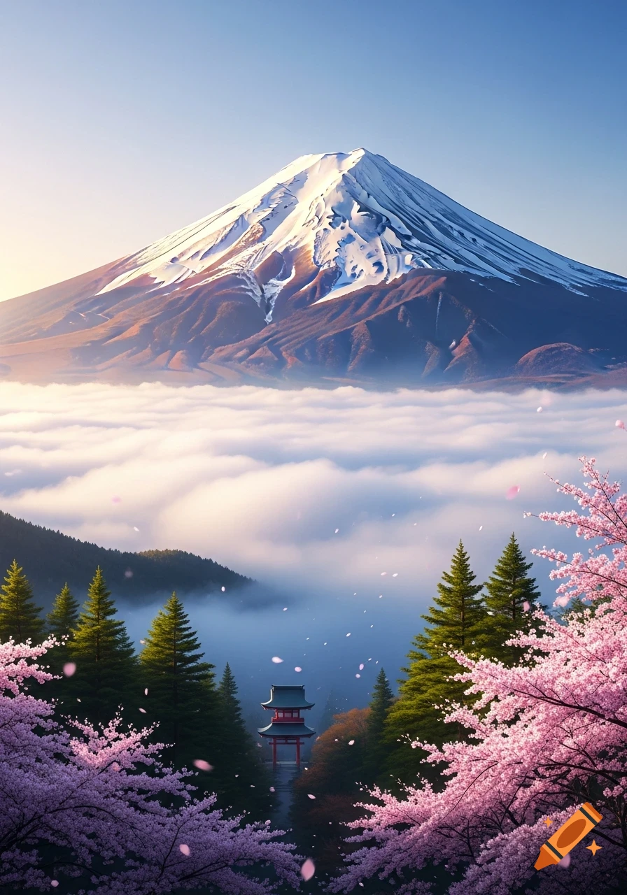 Mount Fuji with snow-capped peak above a sea of clouds, surrounded by pink cherry blossoms and a Japanese pagoda. Photorealistic.