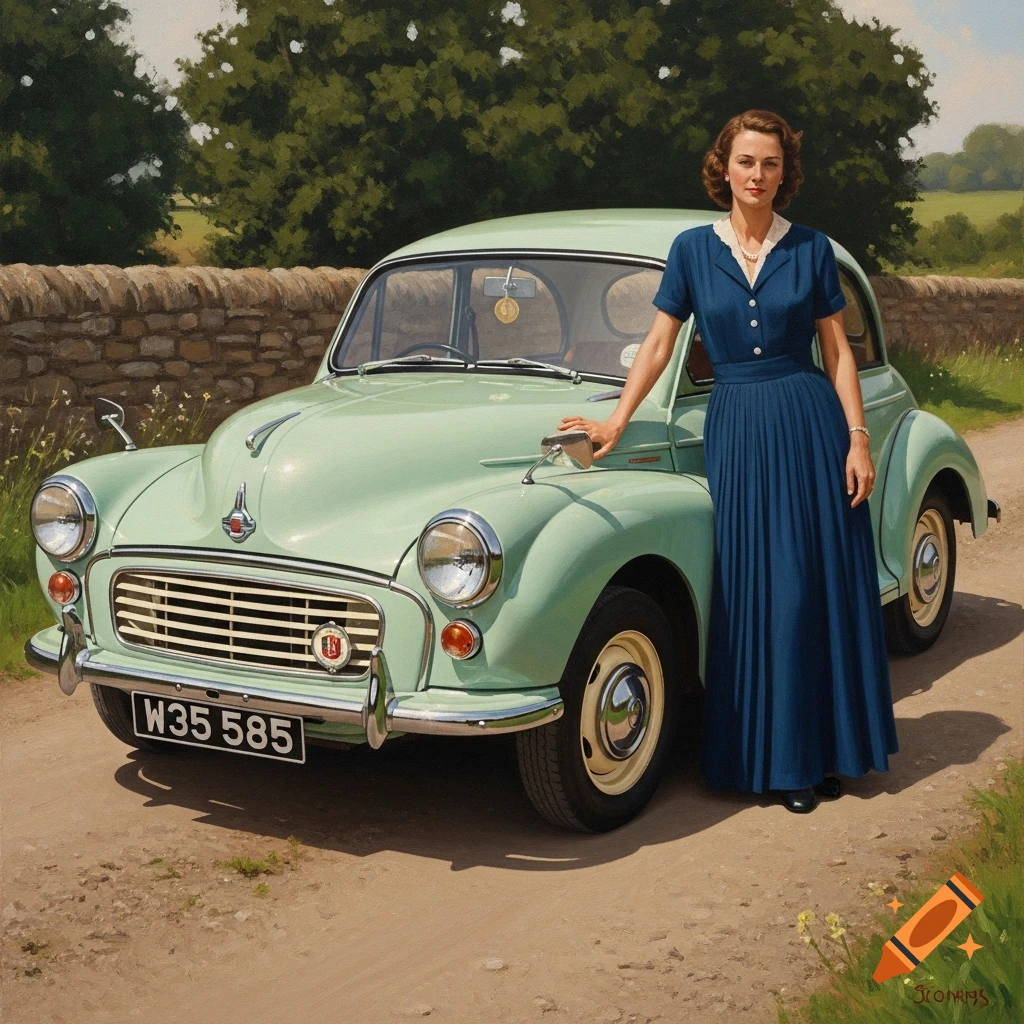 A woman in a blue dress stands next to a light green vintage Morris Minor on a rural lane in an oil painting style.