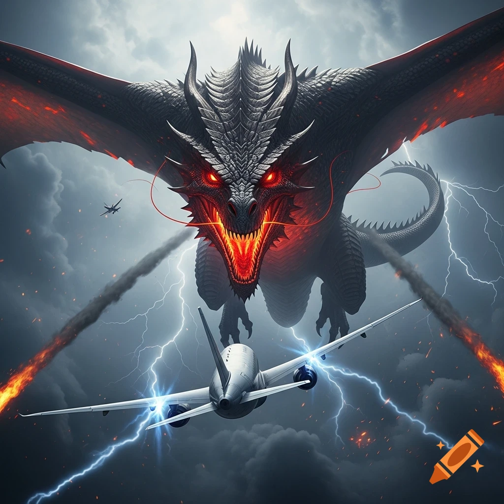 A large, menacing black dragon with glowing red eyes and mouth flies through a stormy, lightning-filled sky towards an airplane.