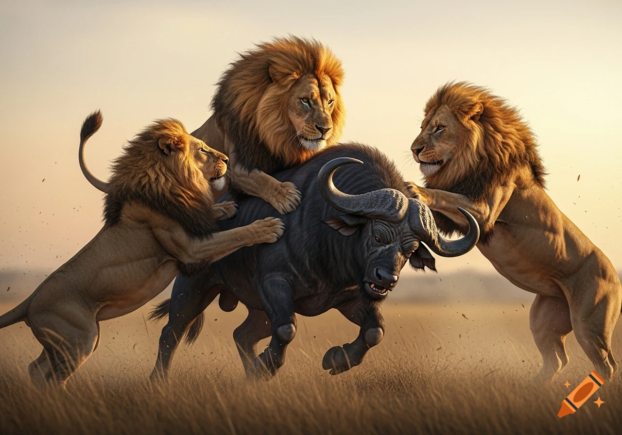 Three photorealistic lions attack a charging buffalo in a dusty savanna at sunset.