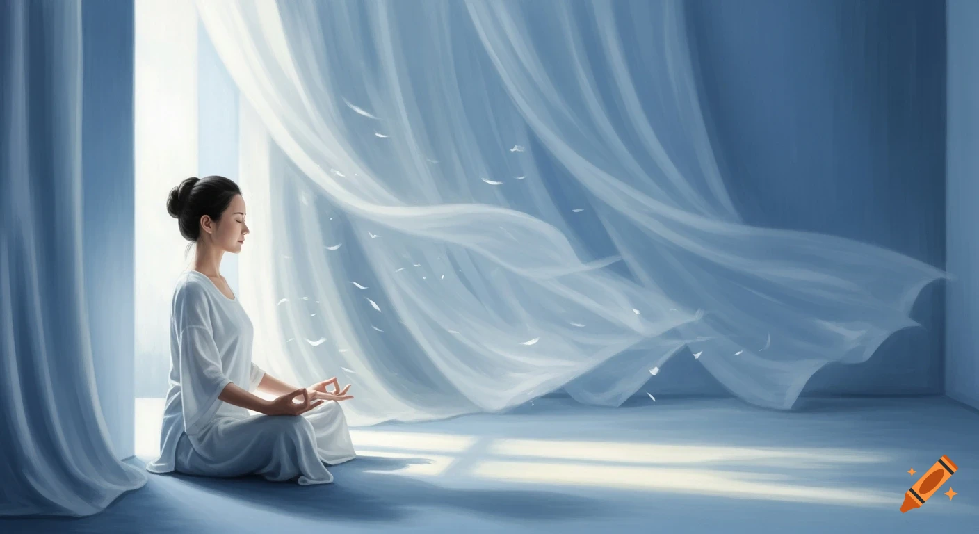 A woman meditates in a serene, blue-toned room with flowing white curtains and floating feathers, in an oil painting style.