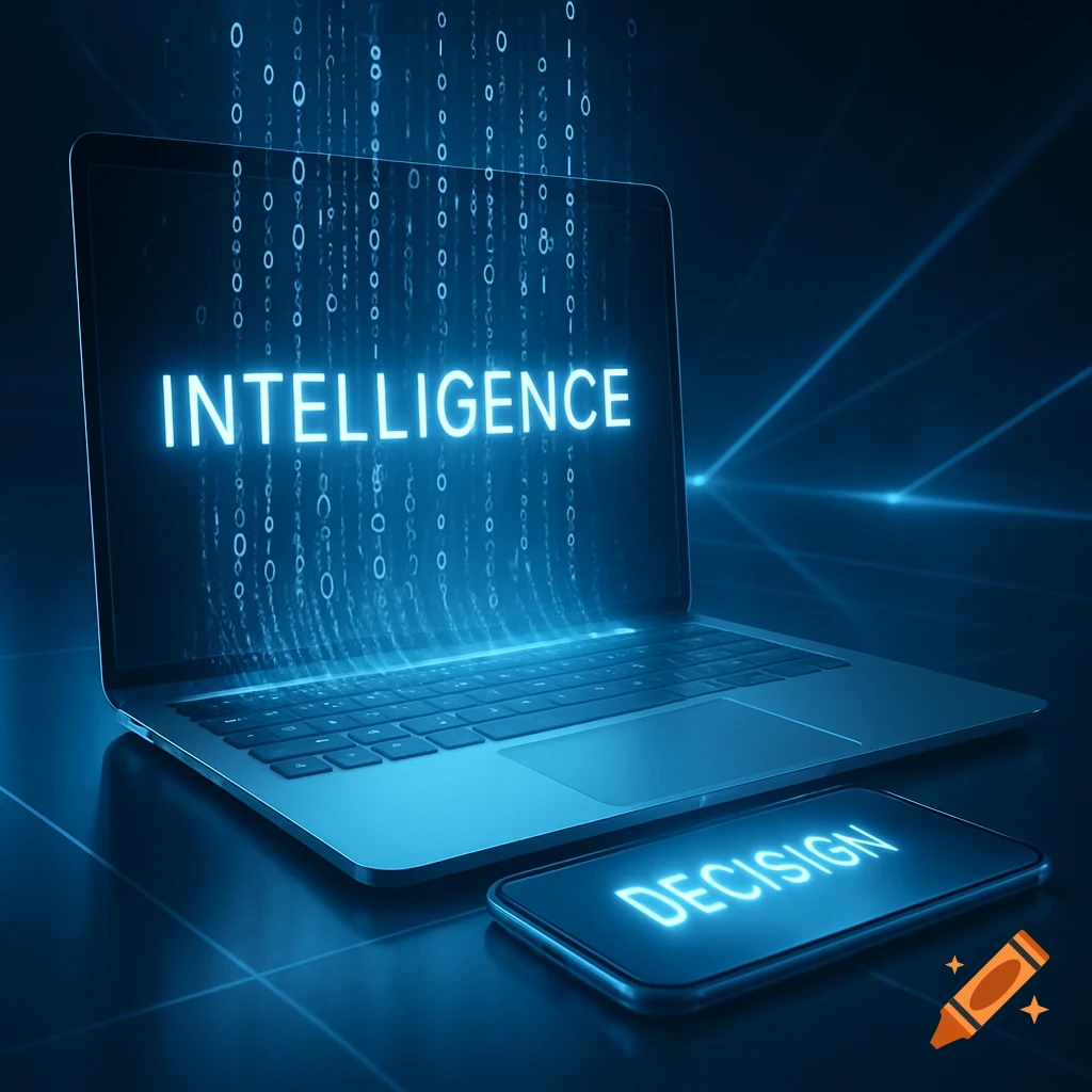 A laptop screen displays 'INTELLIGENCE' with binary code flowing, next to a phone showing 'DECISION' in a blue digital glow.