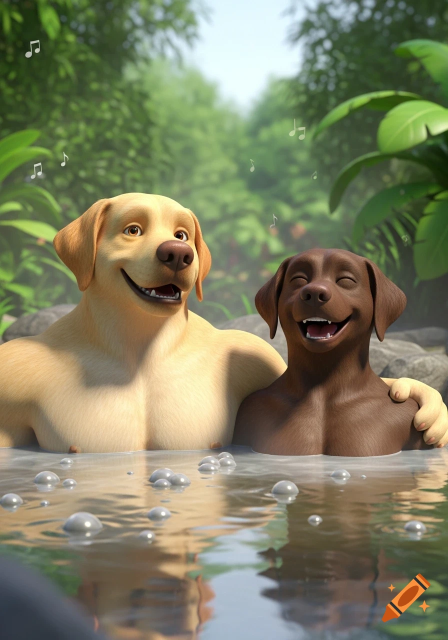 Two muscular anthropomorphic Labrador dogs, one yellow and one brown, happily relax chest-deep in a muddy hot tub, with musical notes floating around them in a lush jungle setting in a 3D animation style.