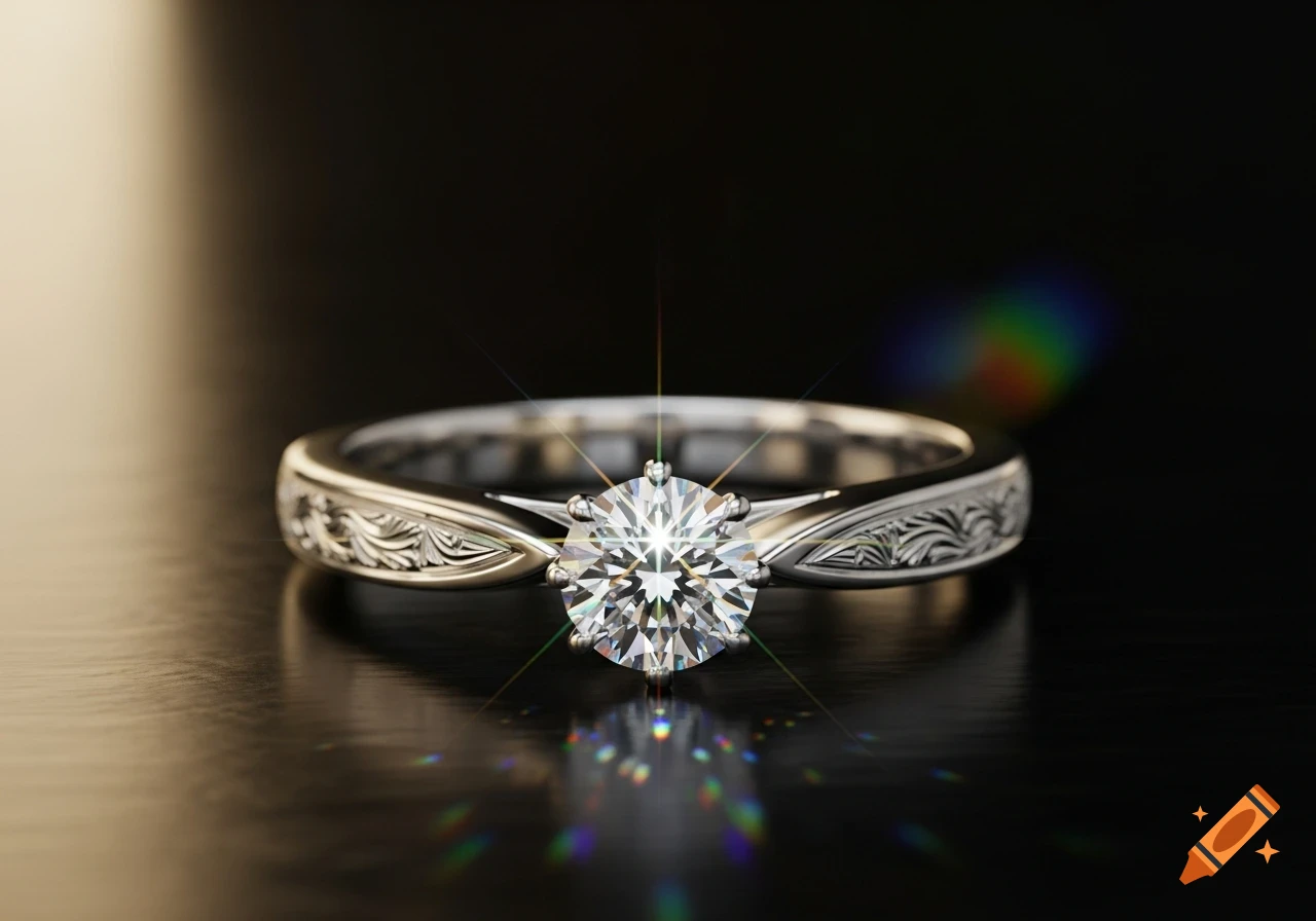 A close-up, photorealistic silver ring with an intricately carved band holding a brilliant round diamond on a dark, reflective surface.