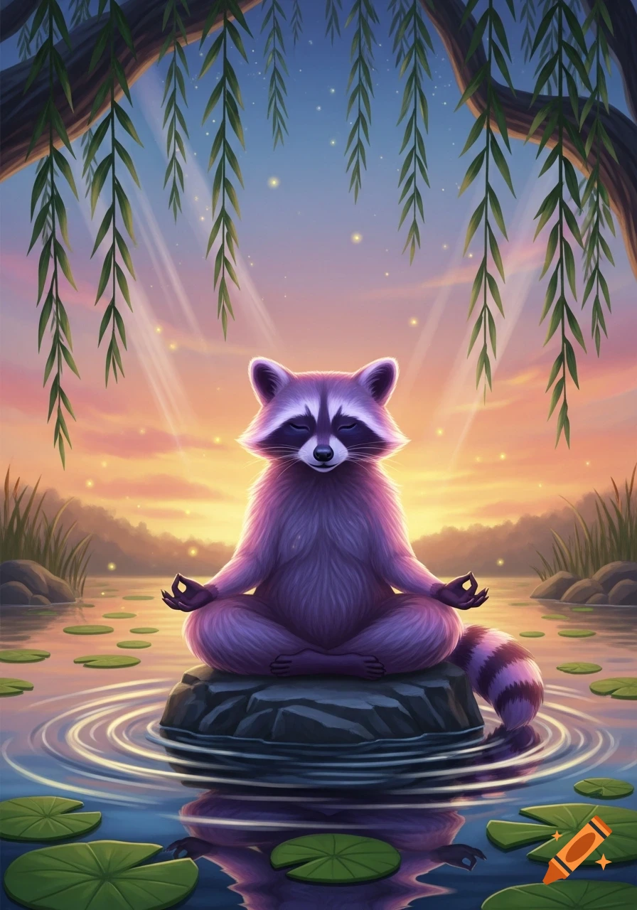 A purple-pink raccoon meditates in lotus position on a rock in a calm lake with lily pads, under willow branches at sunset, illustration.