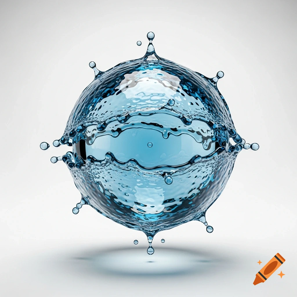 A sphere formed by splashing blue water droplets and a liquid surface against a white background.