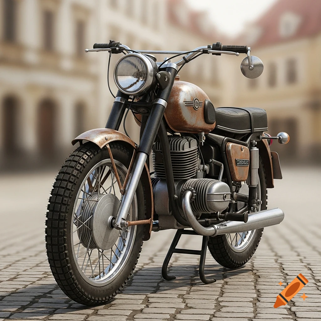 Close-up, low-angle shot of a rusty, old, vintage motorcycle parked on a cobblestone street, with blurry buildings in the background.